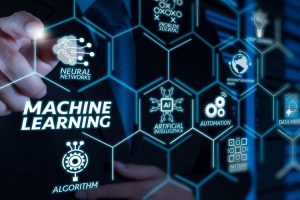 Machine learning technology diagram with artificial intelligence (AI),neural network,automation,data mining in VR screen.businessman hand pressing a touchscreen button on server background